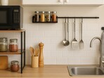 Neatly arranged jars and tools shape a compact kitchen that feels tidy, bright and simple to use during daily cooking.(Ai Generated)