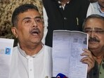 Kolkata: West Bengal leader of Opposition, Suvendu Adhikari, adresses a press conference, in Kolkata, Monday. (PTI)