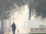 The lawns along Kartavya Path seen enveloped in dense early-morning fog on Monday. (Vipin Kumar/HT Photo) The lawns along Kartavya Path seen enveloped in dense early-morning fog on Monday. (Vipin Kumar/HT Photo)