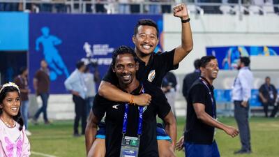 Head coach Bibiano Fernandes (front) celebrates with assistant-coach Subham Rabha after India beat Iran 2-1 in Ahmedabad on Sunday to qualify for the Asian under-17 football finals. (AIFF) Head coach Bibiano Fernandes (front) celebrates with assistant-coach Subham Rabha after India beat Iran 2-1 in Ahmedabad on Sunday to qualify for the Asian under-17 football finals. (AIFF)