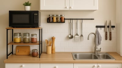 Neatly arranged jars and tools shape a compact kitchen that feels tidy, bright and simple to use during daily cooking. (Ai Generated) Neatly arranged jars and tools shape a compact kitchen that feels tidy, bright and simple to use during daily cooking. (Ai Generated)