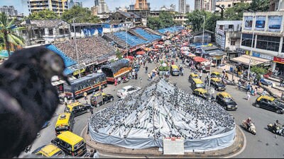 Mumbai, India - August 03, 2025: Brihanmumbai Municipal Corporation (BMC) on Saturday evening covered the Dadar Kabutarkhana with large plastic sheets following a Bombay High Court directive banning pigeon feeding at designated spots across in Mumbai, India, on Sunday, August 03, 2025. (Photo by Satish Bate/ Hindustan Times) (Hindustan Times) Mumbai, India - August 03, 2025: Brihanmumbai Municipal Corporation (BMC) on Saturday evening covered the Dadar Kabutarkhana with large plastic sheets following a Bombay High Court directive banning pigeon feeding at designated spots across in Mumbai, India, on Sunday, August 03, 2025. (Photo by Satish Bate/ Hindustan Times) (Hindustan Times)