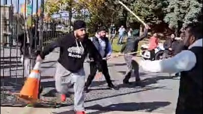 Pro-Khalistan radicals violently attacked the Hindu Sabha Mandir in Brampton in November last year. (Video Screengrab) Pro-Khalistan radicals violently attacked the Hindu Sabha Mandir in Brampton in November last year. (Video Screengrab)