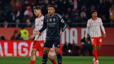 Real Madrid's Kylian Mbappe reacts after Girona scored the opening goal in the Laliga match. (AP) Real Madrid's Kylian Mbappe reacts after Girona scored the opening goal in the Laliga match. (AP)