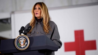 First lady Melania Trump speaks at a Red Cross holiday care package event inside a hangar on December 1, 2025, at Joint Base Andrews, Maryland. The event is part of the American Red Cross Service to the Armed Forces (SAF), which supports the military, veterans and their families (Getty Images via AFP) First lady Melania Trump speaks at a Red Cross holiday care package event inside a hangar on December 1, 2025, at Joint Base Andrews, Maryland. The event is part of the American Red Cross Service to the Armed Forces (SAF), which supports the military, veterans and their families (Getty Images via AFP)