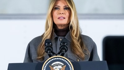 US First Lady Melania Trump speaks prior to making care packages for deployed members of the US military during an American Red Cross holiday event with military families at Joint Base Andrews in Maryland, December 1, 2025. (AFP) US First Lady Melania Trump speaks prior to making care packages for deployed members of the US military during an American Red Cross holiday event with military families at Joint Base Andrews in Maryland, December 1, 2025. (AFP)