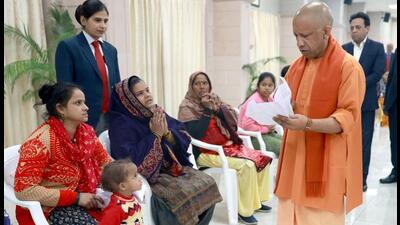 Uttar Pradesh chief minister Yogi Adityanath at a Janata Darshan programme in Lucknow on Monday. (HT PHOTO)