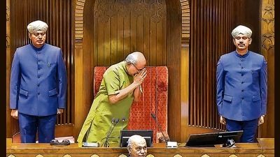 Vice President CP Radhakrishnan greets lawmakers during the first day of the winter session of Parliament on Monday. (PTI) Vice President CP Radhakrishnan greets lawmakers during the first day of the winter session of Parliament on Monday. (PTI)