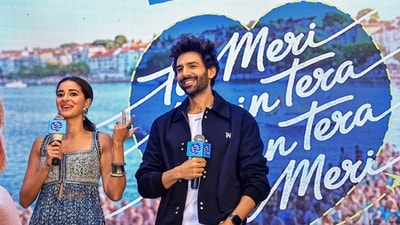 Kartik Aaryan and Ananya Panday during a press conference for their upcoming movie Tu Meri Main Tera Main Tera Tu Meri, in Jaipur, Rajasthan. (PTI Photo)
(PTI11_28_2025_000388B) (PTI) Kartik Aaryan and Ananya Panday during a press conference for their upcoming movie Tu Meri Main Tera Main Tera Tu Meri, in Jaipur, Rajasthan. (PTI Photo)
(PTI11_28_2025_000388B) (PTI)