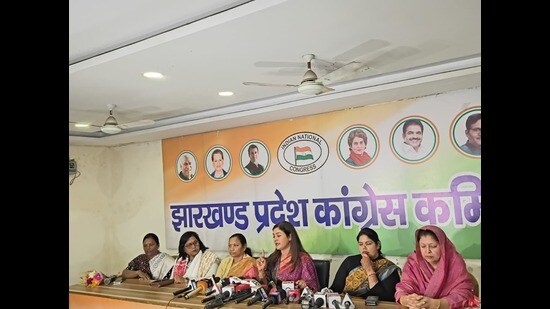 National Women’s Congress president Alka Lamba addresses a press conference in Ranchi on Monday. (HT PHOTO)