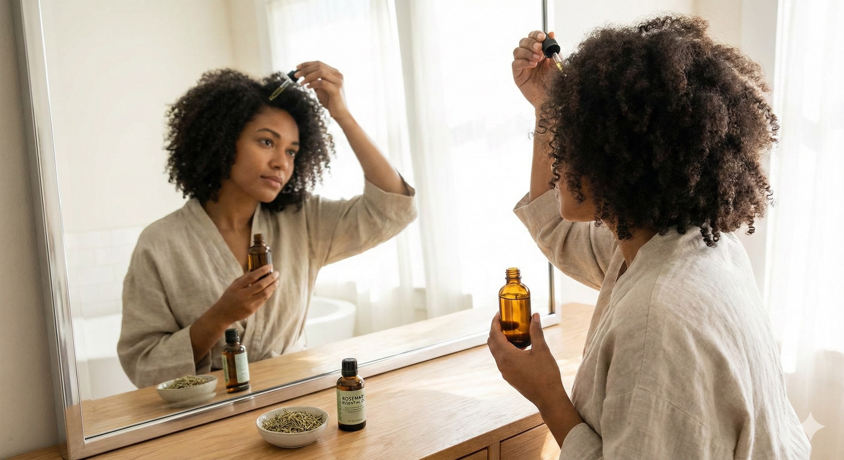 Always dilute rosemary oil before applying on skin or scalp. (Image generated via Google Gemini) Always dilute rosemary oil before applying on skin or scalp. (Image generated via Google Gemini)