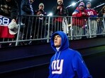 New York Giants quarterback Jaxson Dart (6) walks onto the field prior to the game against the New England Patriots at Gillette Stadium.