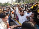 Chief Minister Pushkar Singh Dhami being welcomed in Haridwar amid celebrations over the historic increase in sugarcane support price.