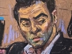Luigi Mangione listens as officer Joseph Detwiler testifies about arresting Mangione, who was arrested in December 2024 during state court hearings over whether prosecutors can use his police statements at his murder trial in New York City, U.S., December 2, 2025 in this courtroom sketch. REUTERS/Jane Rosenberg