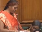 JDU MLA Vibha Devi fumbles while reading her oath in the Bihar Assembly.