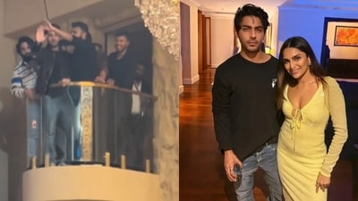 Aryan Khan greeted fans from a balcony at the venue and met some Kannada actors in Bengaluru. Aryan Khan greeted fans from a balcony at the venue and met some Kannada actors in Bengaluru.
