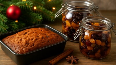 A tray of golden Christmas cakes rests beside jars of soaked fruits, bringing the festive baking, warmth, and holiday charm to the home. (Ai Generated) A tray of golden Christmas cakes rests beside jars of soaked fruits, bringing the festive baking, warmth, and holiday charm to the home. (Ai Generated)