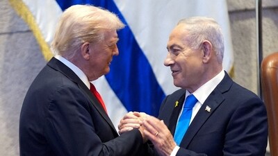 President Donald Trump with Israel's Prime Minister Benjamin Netanyahu at the Knesset in October. (via REUTERS)