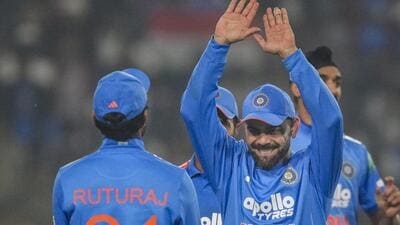 India's Virat Kohli celebrates the fall of a wicket with Ruturaj Gaikwad in the first ODI against South Africa in Ranchi on Sunday. (PTI) India's Virat Kohli celebrates the fall of a wicket with Ruturaj Gaikwad in the first ODI against South Africa in Ranchi on Sunday. (PTI)