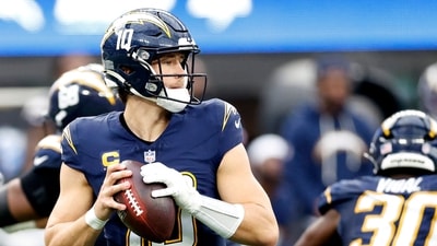 Justin Herbert #10 of the Los Angeles Chargers looks to pass against the Las Vegas Raiders in the third quarter of a game at SoFi Stadium on November 30, 2025 in Inglewood, California. (Getty Images via AFP) Justin Herbert #10 of the Los Angeles Chargers looks to pass against the Las Vegas Raiders in the third quarter of a game at SoFi Stadium on November 30, 2025 in Inglewood, California. (Getty Images via AFP)