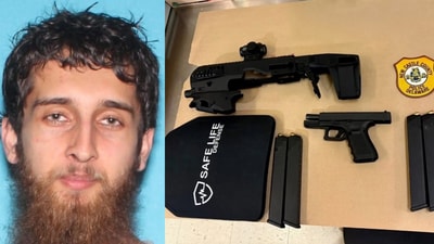 Luqmaan Khan (L) and the weapons found in his possession. (Newcastle County PD) Luqmaan Khan (L) and the weapons found in his possession. (Newcastle County PD)