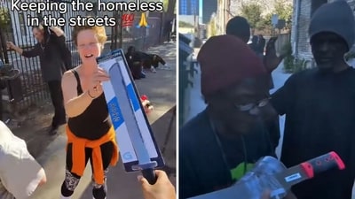 Homeless people around the USA receiving machetes and alcohol bottles from a TikToker. (Instagram/@povwolfy) Homeless people around the USA receiving machetes and alcohol bottles from a TikToker. (Instagram/@povwolfy)