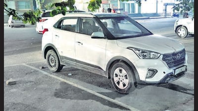 The Hyundai Creta used to carry out the attack was found in Mansa Devi Complex late Monday night . (HT Photo) The Hyundai Creta used to carry out the attack was found in Mansa Devi Complex late Monday night . (HT Photo)