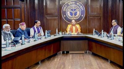 UP chief minister Yogi Adityanath chairs a cabinet meeting in Lucknow on Tuesday. (PTI)