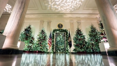 Christmas trees in the Cross Hall of the White House during a media tour of the White House Christmas decorations in Washington, DC, US, on Monday, Dec. 1, 2025. The theme of the 2025 White House Christmas decorations is "Home Is Where The Heart Is." Photographer: Al Drago/Bloomberg (Bloomberg) Christmas trees in the Cross Hall of the White House during a media tour of the White House Christmas decorations in Washington, DC, US, on Monday, Dec. 1, 2025. The theme of the 2025 White House Christmas decorations is "Home Is Where The Heart Is." Photographer: Al Drago/Bloomberg (Bloomberg)