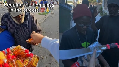 Police remain silent as viral influencer ‘povwolfy’ gives dangerous items like machetes and alcohol to people living on the streets (Instagram/povwolfy) Police remain silent as viral influencer ‘povwolfy’ gives dangerous items like machetes and alcohol to people living on the streets (Instagram/povwolfy)