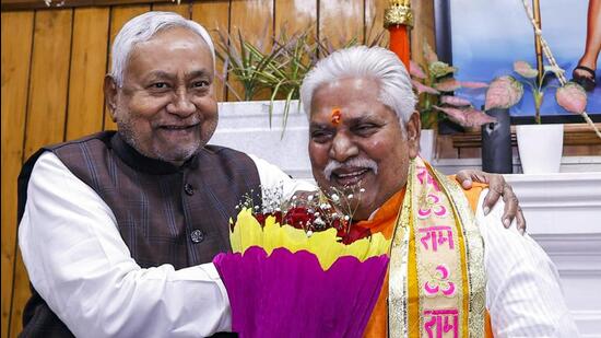 Bihar chief minister Nitish Kumar with the newly elected Speaker of the State Assembly, Prem Kumar. (ANI)