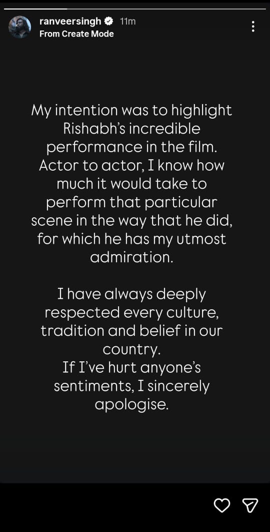 Ranveer Singh posted this apology note on Instagram Stories on Tuesday.
