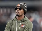 Cleveland Browns quarterback Deshaun Watson watches on the sidelines against the Las Vegas Raiders 