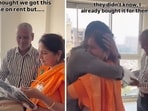 Snippets from a video showing a man handing over the keys of a new house to his parents. 