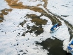 Toxic froth on the Yamuna surface over the past fortnight. (Sunil Ghosh/HT)
