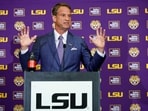 Lane Kiffin speaks at a press conference as he is introduced as the new head football coach of the LSU Tigers at Tiger Stadium on December 01, 2025 in Baton Rouge, Louisiana.  