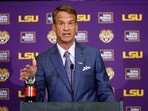 Lane Kiffin speaks at a press conference as he is introduced as the new head football coach of the LSU Tigers at Tiger Stadium on December 01, 2025 in Baton Rouge, Louisiana.  