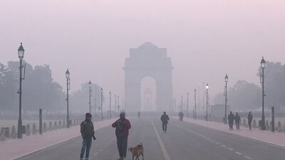 People walk along Kartavya Path, covered in a layer of smog as the AQI nears 400, in New Delhi. (ANI Video Grab) People walk along Kartavya Path, covered in a layer of smog as the AQI nears 400, in New Delhi. (ANI Video Grab)