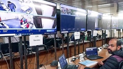 A view of the control room at State Election Commission for the Municipal Corporation of Delhi bypoll election security, in New Delhi on Sunday. (ANI Video Grab) A view of the control room at State Election Commission for the Municipal Corporation of Delhi bypoll election security, in New Delhi on Sunday. (ANI Video Grab)