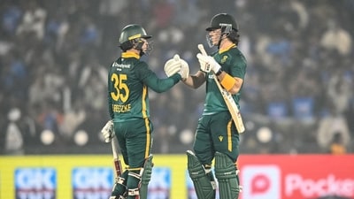 Matthew Breetzke and Dewald Brevis' partnership of 92 runs off 64 balls kept South Africa in the hunt. (AFP) Matthew Breetzke and Dewald Brevis' partnership of 92 runs off 64 balls kept South Africa in the hunt. (AFP)