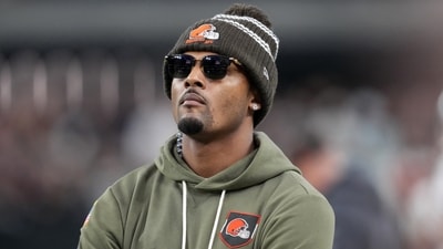 Cleveland Browns quarterback Deshaun Watson watches on the sidelines against the Las Vegas Raiders (IMAGN IMAGES via Reuters Connect)