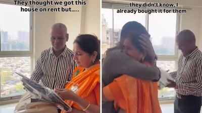 Snippets from a video showing a man handing over the keys of a new house to his parents. (Instagram/@ashishjain_2202) Snippets from a video showing a man handing over the keys of a new house to his parents. (Instagram/@ashishjain_2202)