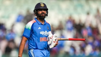 Rohit Sharma failed to continue his form and fell early for 14 off eight balls. (PTI) Rohit Sharma failed to continue his form and fell early for 14 off eight balls. (PTI)