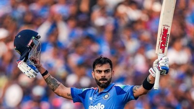 India's Virat Kohli celebrates his century during the second ODI against South Africa in Raipur (PTI)