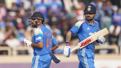 Rohit Sharma (L) and Virat Kohli stitched a 136-run partnership that was vital in posting 349/8 in the first ODI against South Africa. (HT_PRINT) Rohit Sharma (L) and Virat Kohli stitched a 136-run partnership that was vital in posting 349/8 in the first ODI against South Africa. (HT_PRINT)