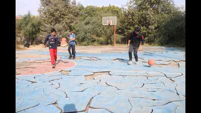 The uneven surface of a basketball court at Rajiv Gandhi Sports Complex in Rohtak. (Manoj Dhaka) The uneven surface of a basketball court at Rajiv Gandhi Sports Complex in Rohtak. (Manoj Dhaka)
