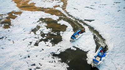 Toxic froth on the Yamuna surface over the past fortnight. (Sunil Ghosh/HT) Toxic froth on the Yamuna surface over the past fortnight. (Sunil Ghosh/HT)