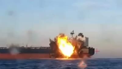 An image taken from a video that Ukraine says shows an explosion on a ship off the Turkish coast last week. An image taken from a video that Ukraine says shows an explosion on a ship off the Turkish coast last week.
