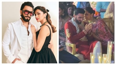Ranveer Singh and Deepika Padukone are seen twinning in shades of red in the video. Ranveer Singh and Deepika Padukone are seen twinning in shades of red in the video.