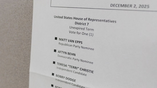 A sample ballot for the US House of Representatives Disctrict 7 in Tennessee shows the names of Republican Matt Van Epps and Democrat Aftyn Behn inside a polling location at Charlotte Park Elementary School on December 2, 2025 in Nashville, Tennessee. (Getty Images via AFP)